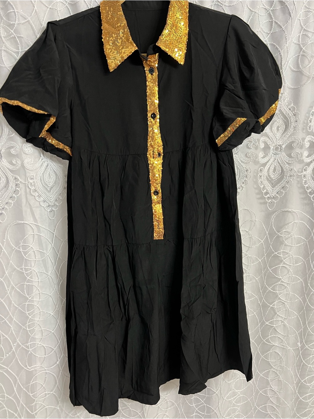 Black Ladies Dress with Gold Sequin Trim
